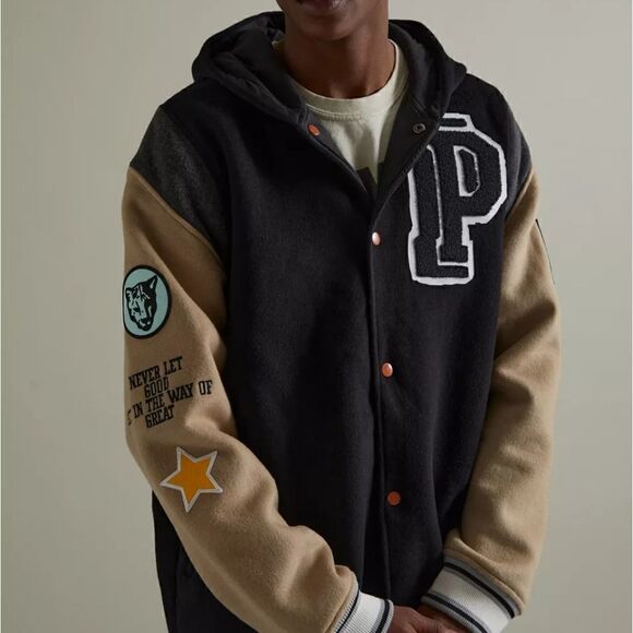 Puma Signature Varsity Jacket Wool Coat Color Block Size Medium M Black Grey New - Picture 3 of 17